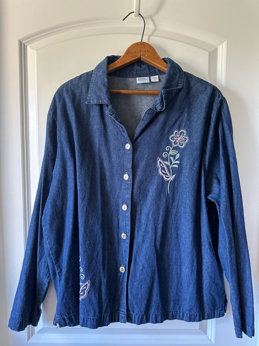 Cottage Core Granny Denim Button-Up Shirt Embroidered Floral Detail 100% Cotton